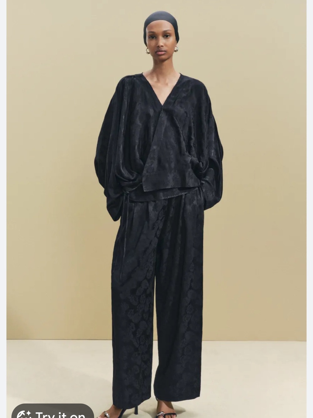 Zara Black Jacquard Wide-Leg Pants with Matching Draped Top